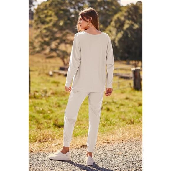 New Women's 2-Piece Sweatsuit Set - Pullover & Long Pants, Solid Color, Apricot - Picture 2 of 7